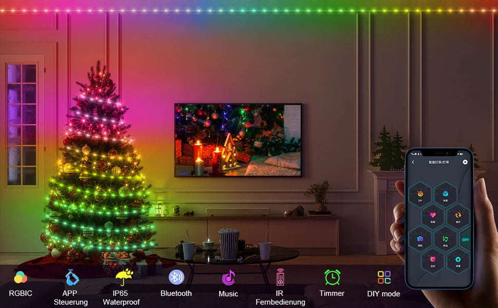 Lampki LED USB 5V z aplikacją i pilotem do dekoracji choinki ChristmasFinds™🎄