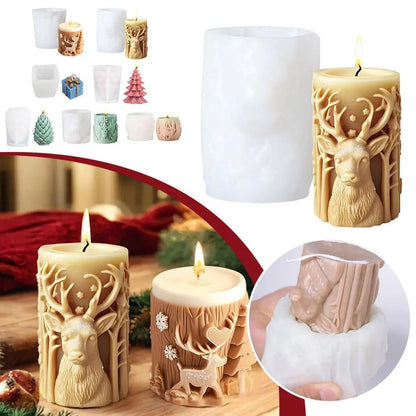 Cylindryczna forma silikonowa do świec z motywem choinki i renifera ChristmasFinds™🎄